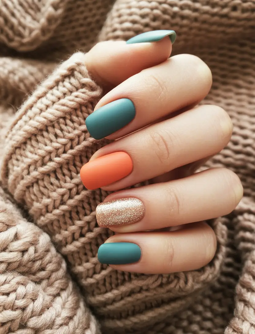 november nail colors 2025 Matte Teal With Cozy Contrasts