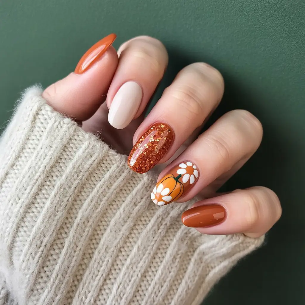 november nail colors 2025 Festive Pumpkin and Daisy Combo