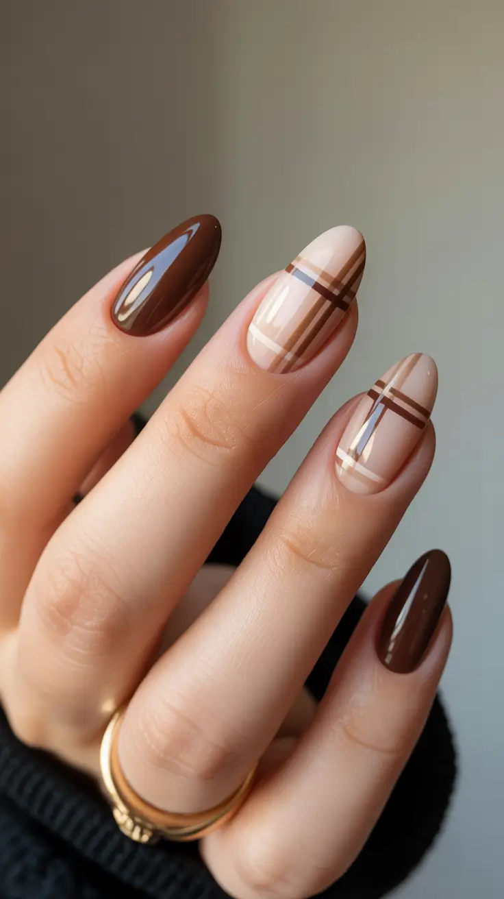 november nail colors 2025 Classic Plaid in Coffee Tones