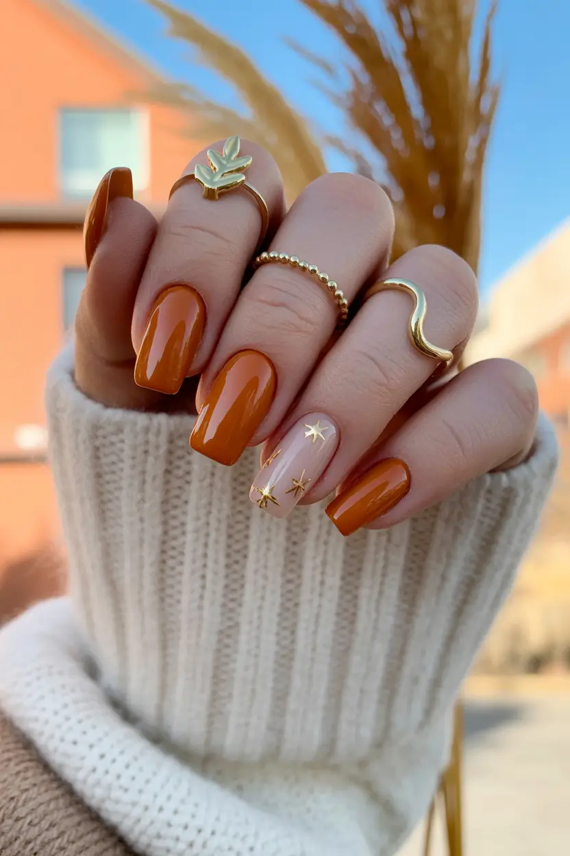 november nail colors 2025 Rust Orange With Golden Stars