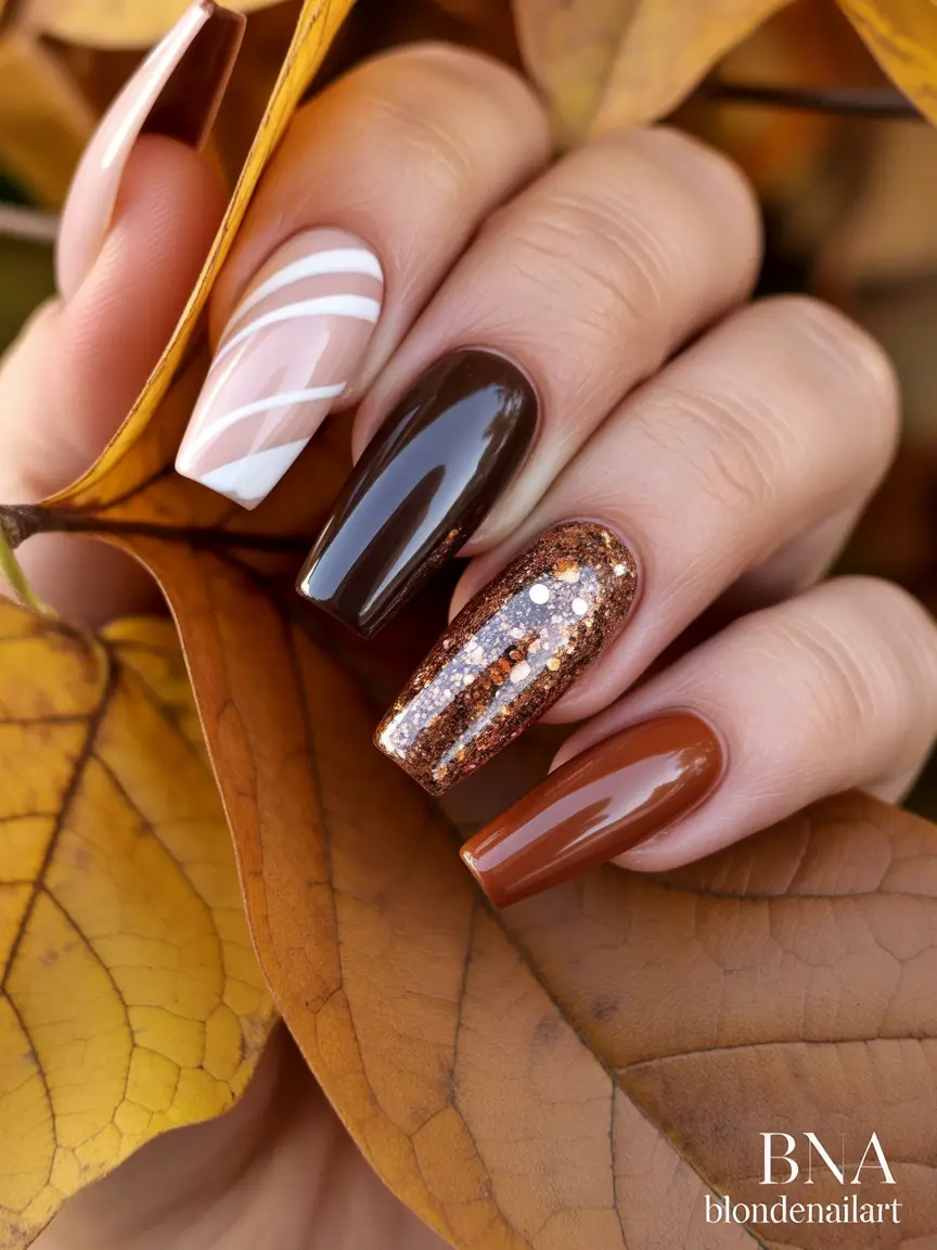 november nail colors 2025 Warm Chocolate and Caramel Mix With Glitter