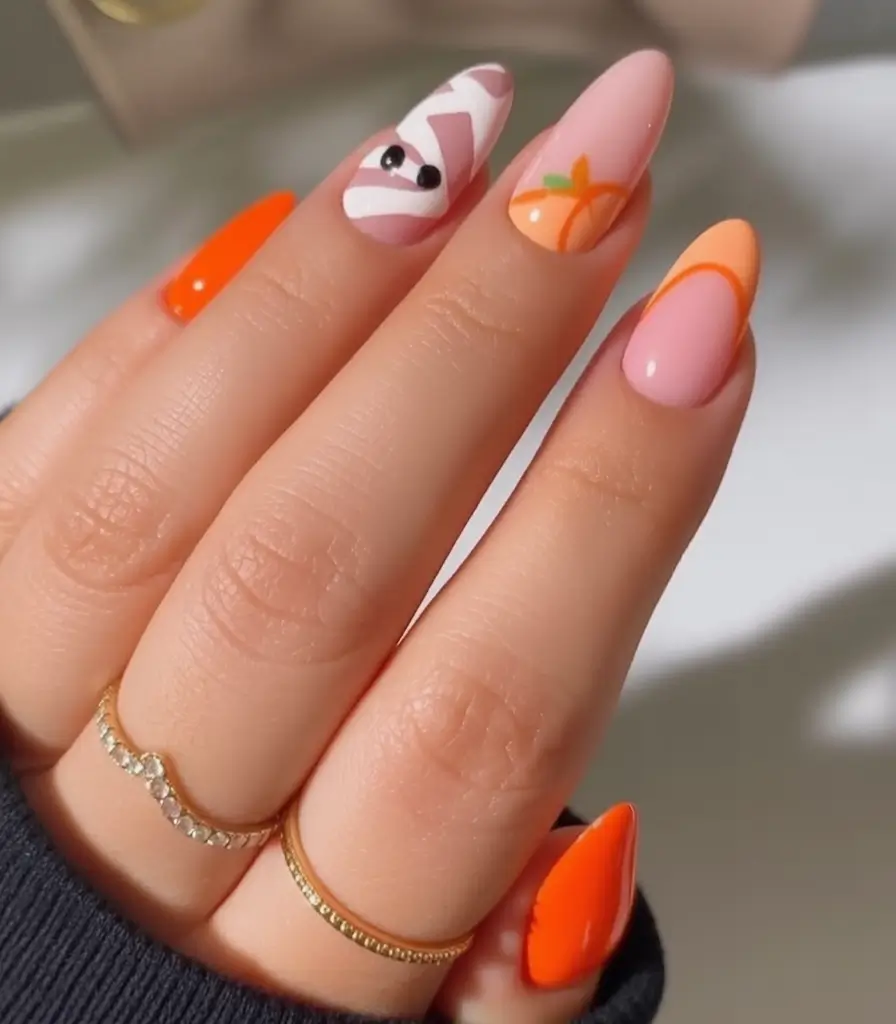 november nail colors 2025 Playful Mummy and Pumpkin Mix