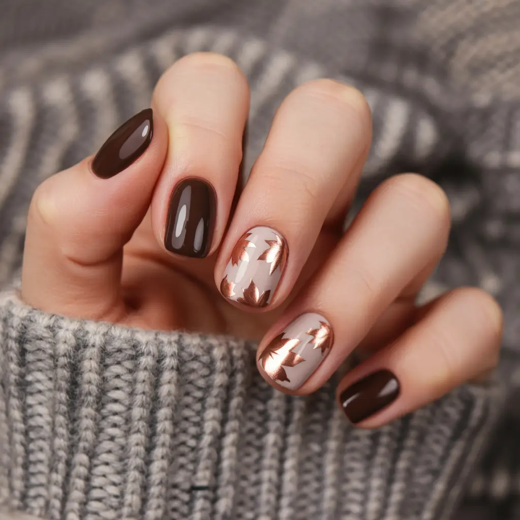 november nail colors 2025 Mocha Browns With Metallic Leaf Accents