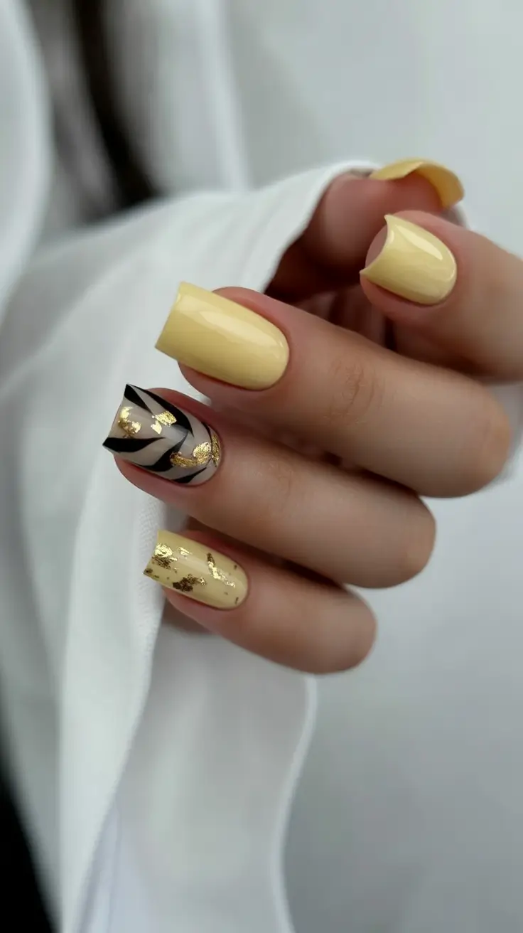 november nail colors 2025 Golden Mustard With Graphic Accents