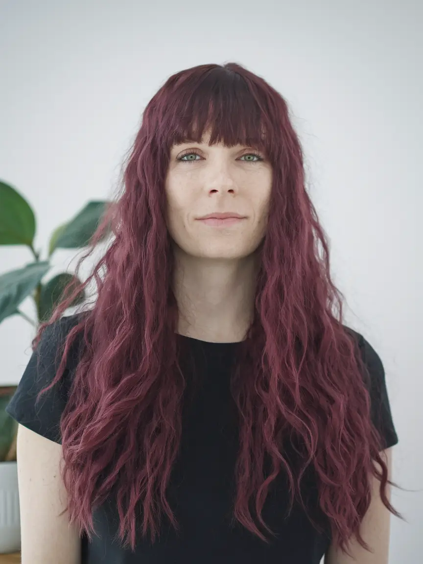 October Fall Hair Color Trends Deep Burgundy Waves with Fringe