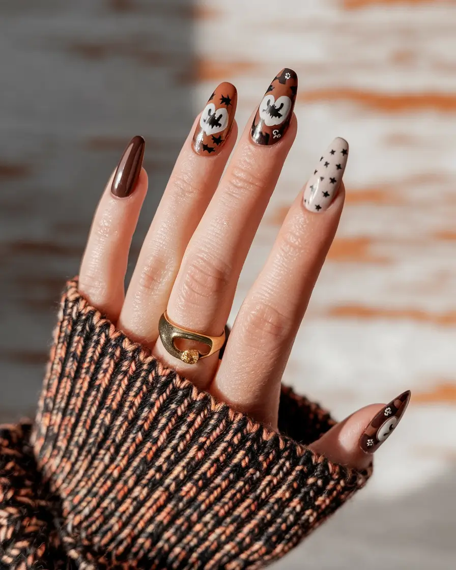october nail colors 2025 whimsical pumpkins and stars