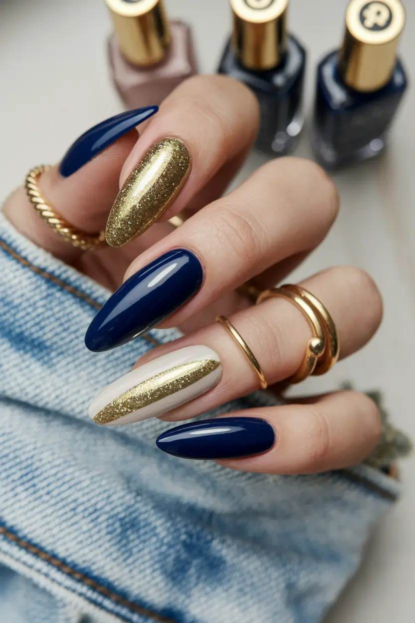 october nail colors 2025 navy and gold luxe