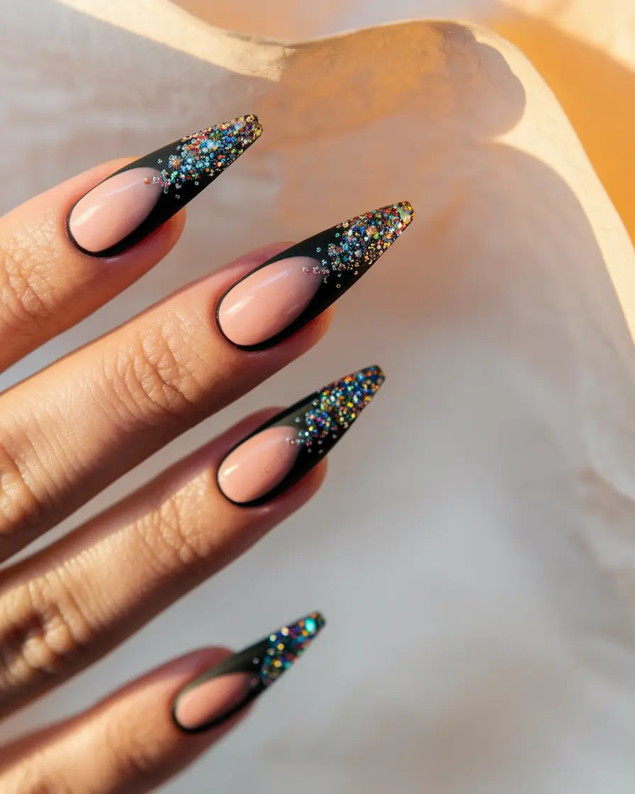 october nail colors 2025 black french with glitter explosion