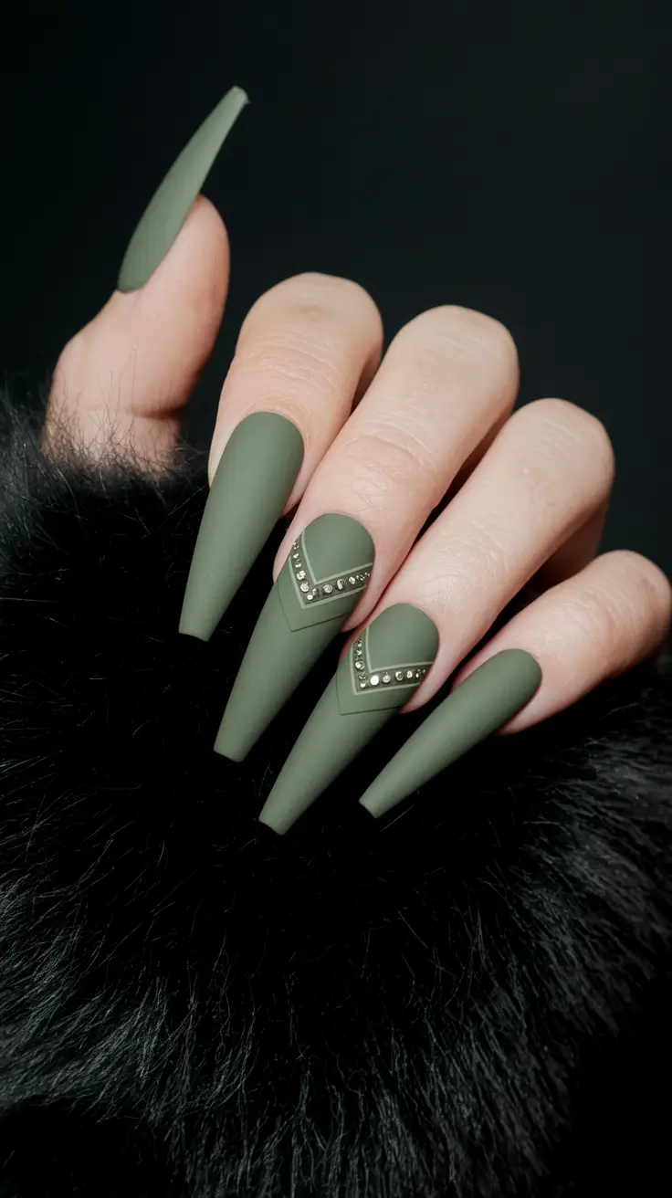 october nail colors 2025 olive matte with studded detail
