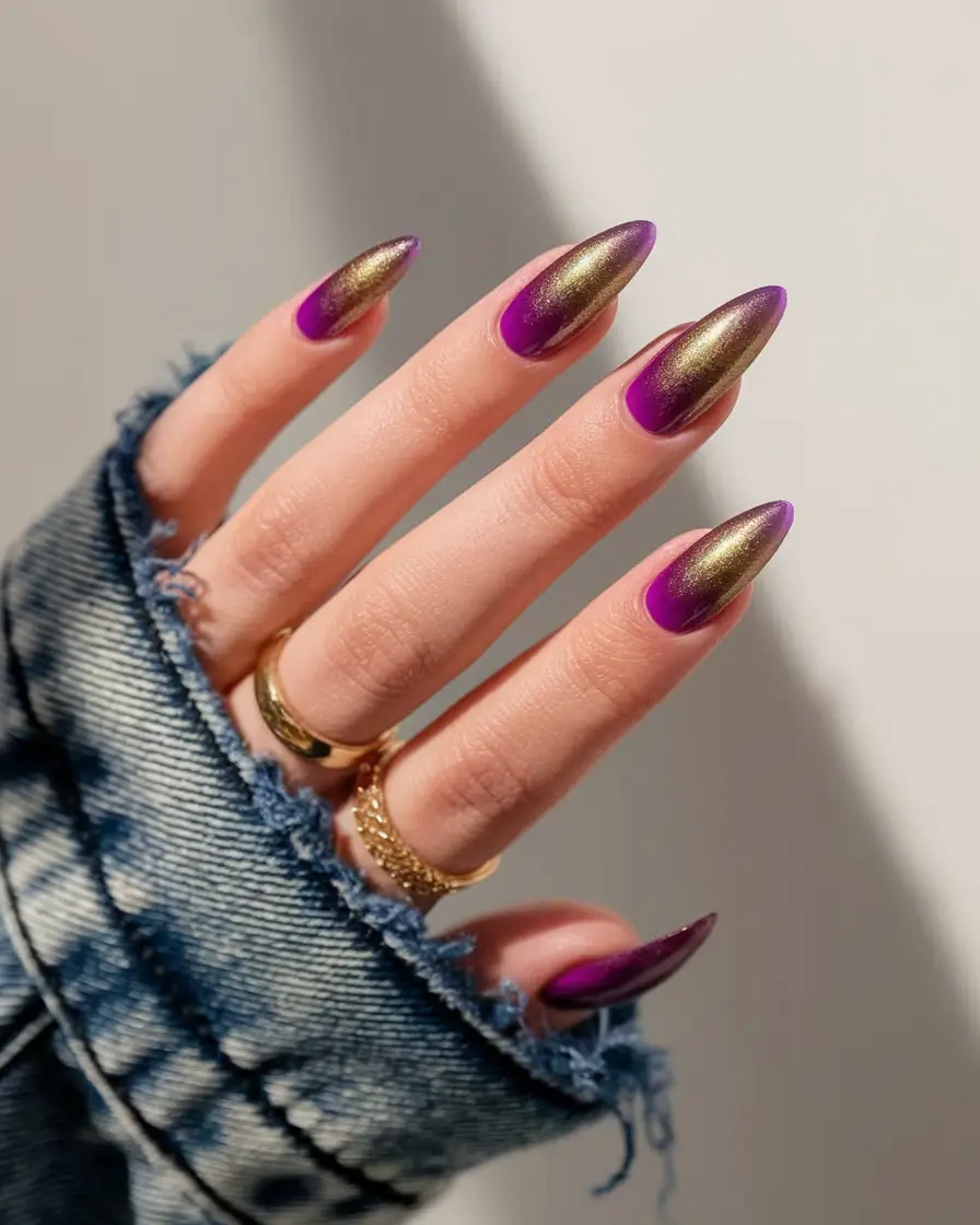 october nail colors 2025 purple and gold ombre drama