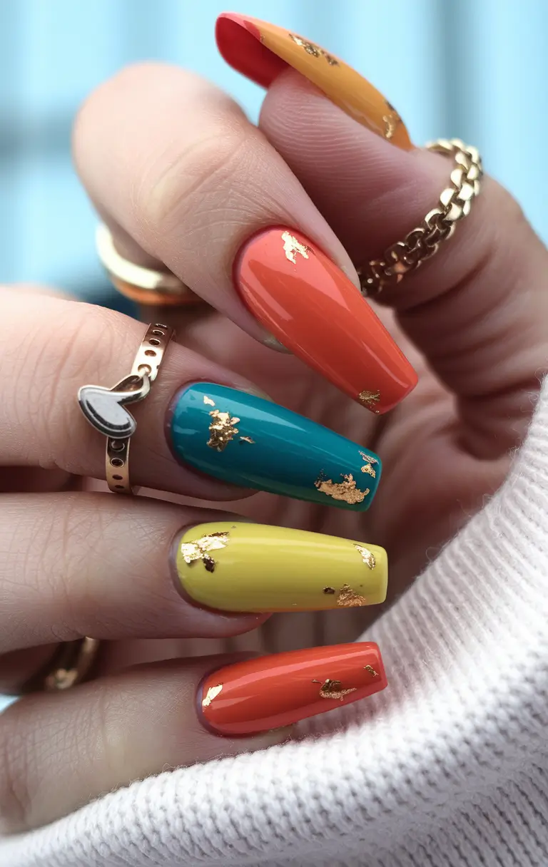 october nail colors 2025 playful multicolor metallics