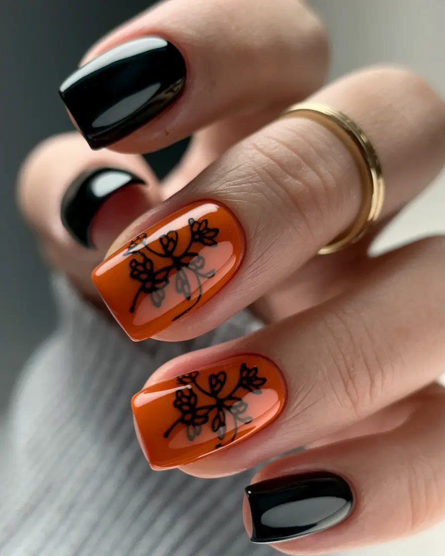 october nail colors 2025 black and burnt orange contrast