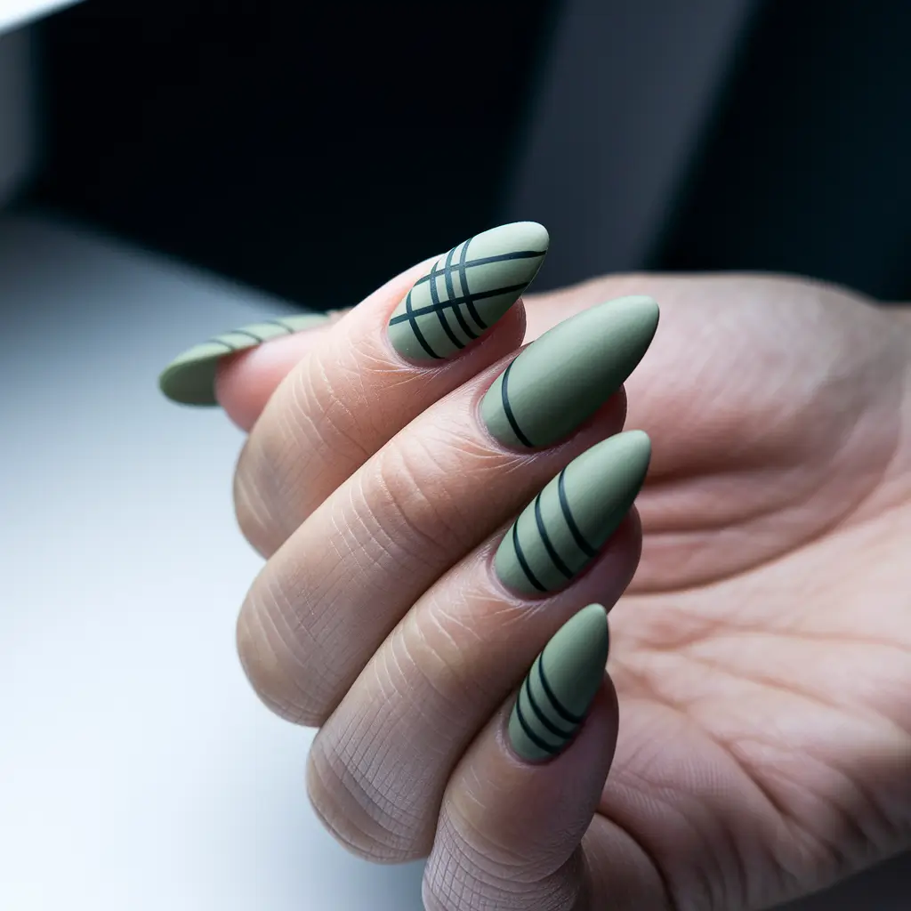 october nail colors 2025 olive matte with minimalist stripes