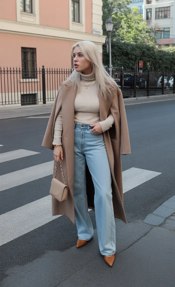 winter office outfits women 2025 Camel and Denim Harmony