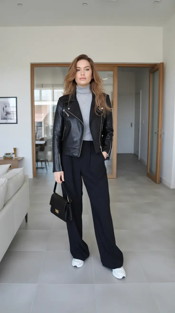 winter office outfits women 2025 Leather and Tailored Ease