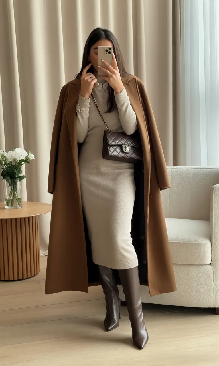 Outfits for Women Over 40 Winter 2025 2026 Camel Knit Dress