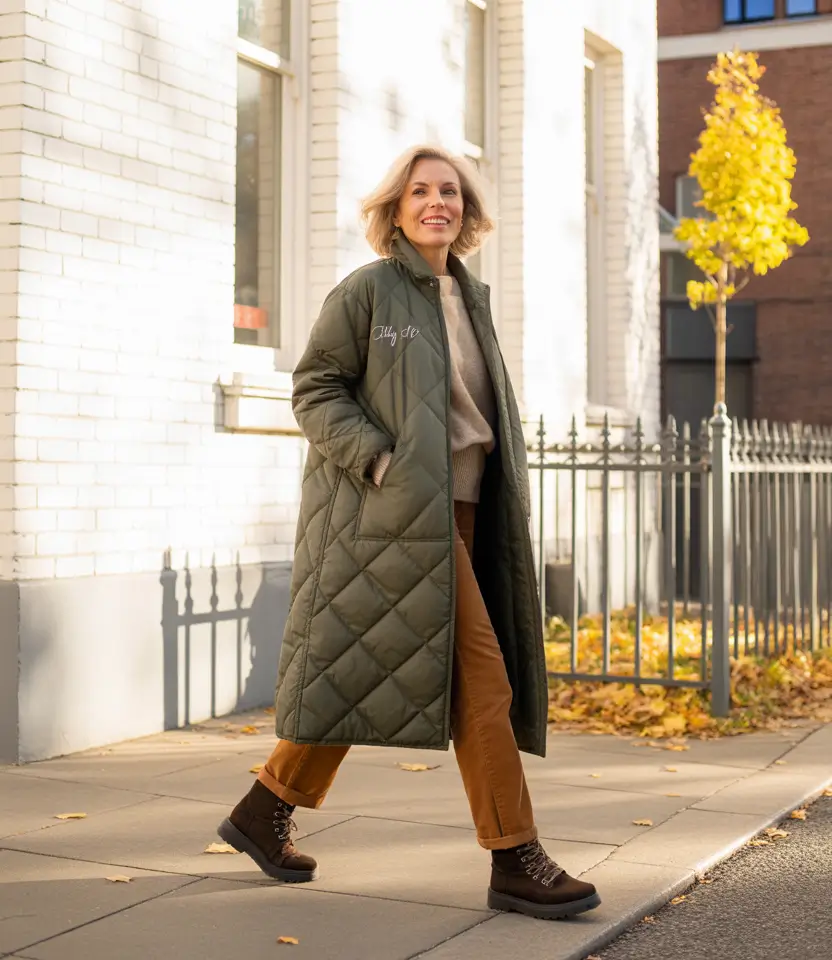 outfits for women over 50 winter 2025 2026 Quilted Green Comfort with a Modern Edge