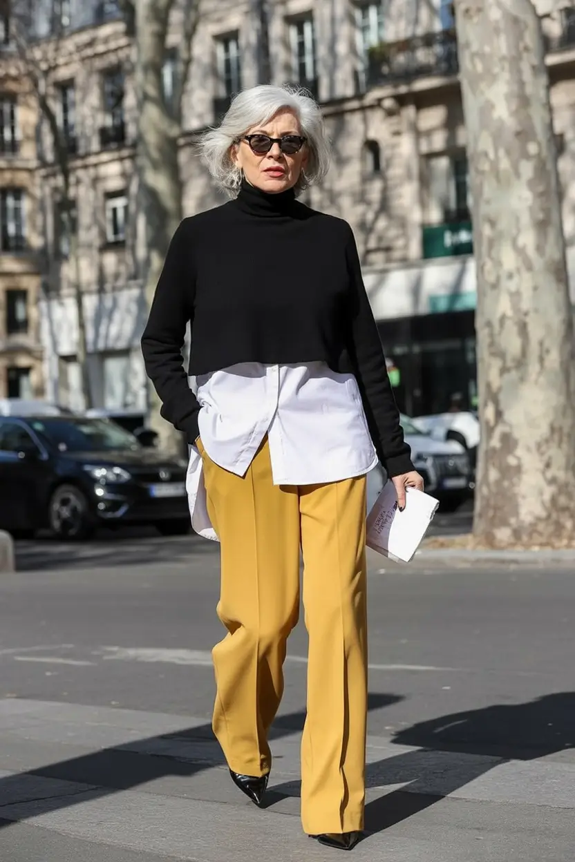 outfits for women over 50 winter 2025 2026 Bold Contrast with Yellow Trousers