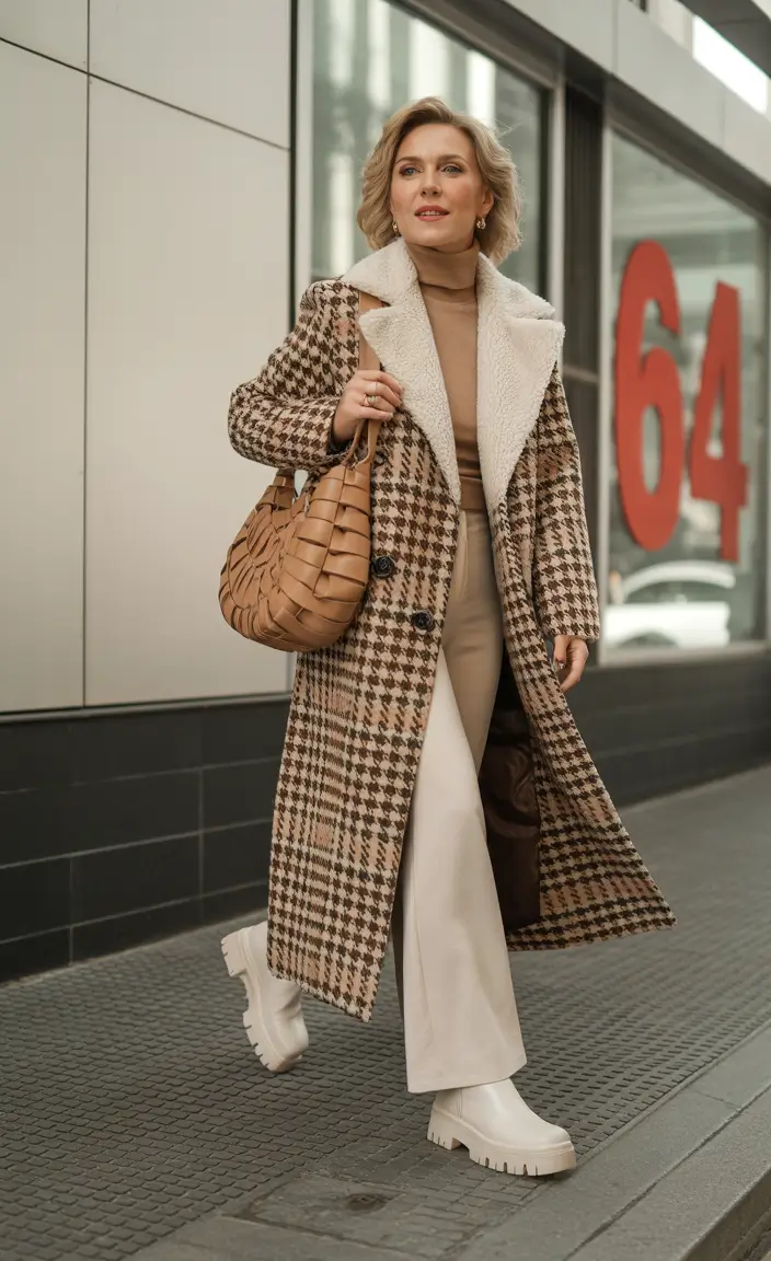 outfits for women over 50 winter 2025 2026 Houndstooth Statement with White Boots