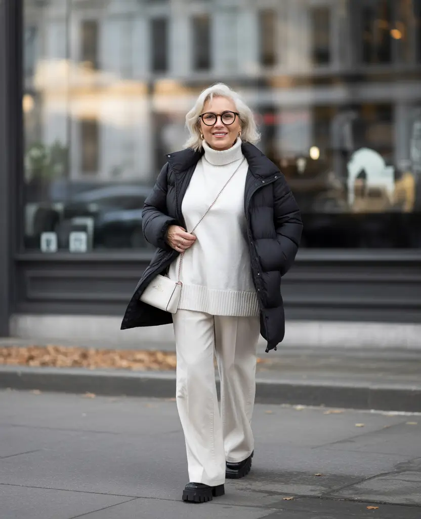 outfits for women over 50 winter 2025 2026 All-White Base with Black Puffer
