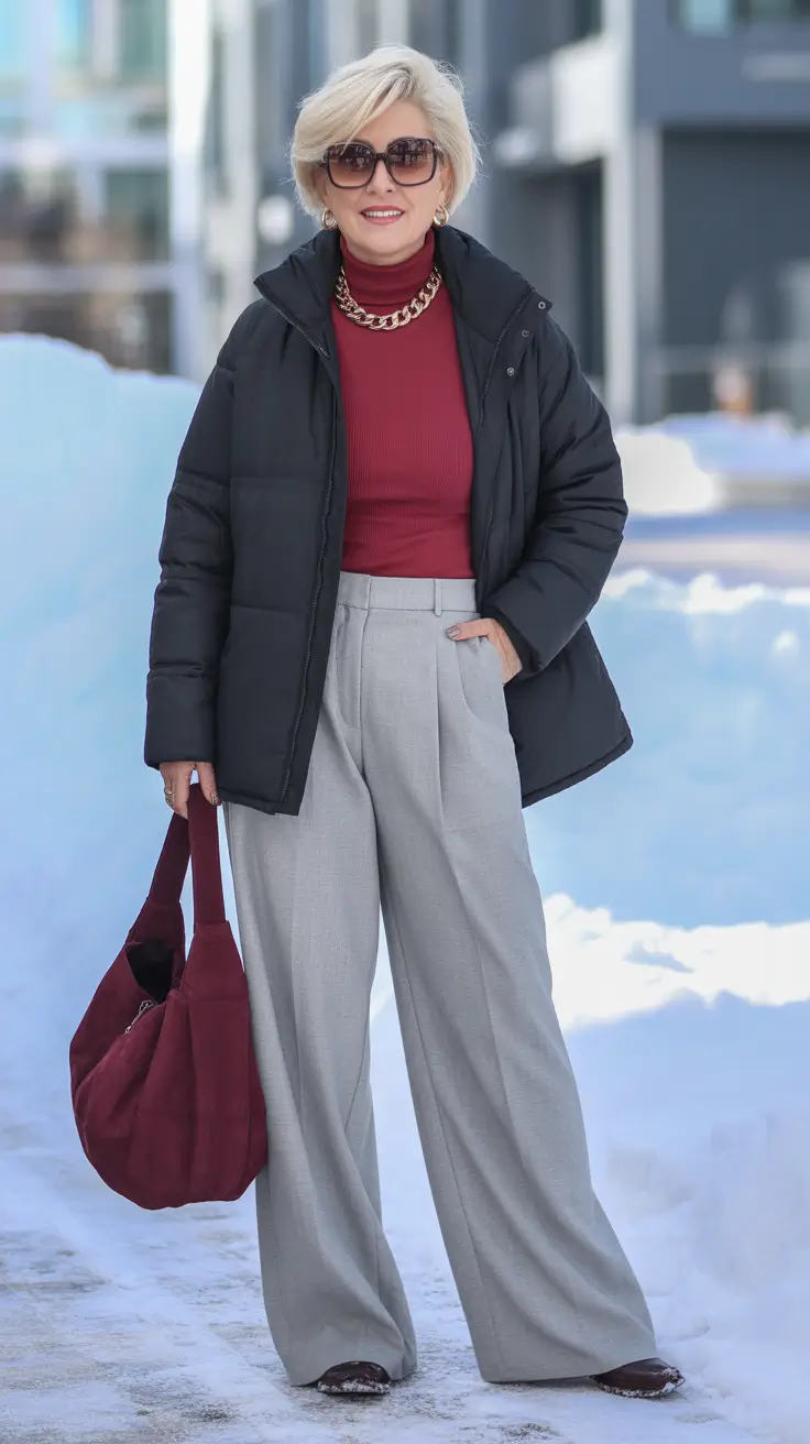 outfits for women over 50 winter 2025 2026 Burgundy Pop with Tailored Trousers