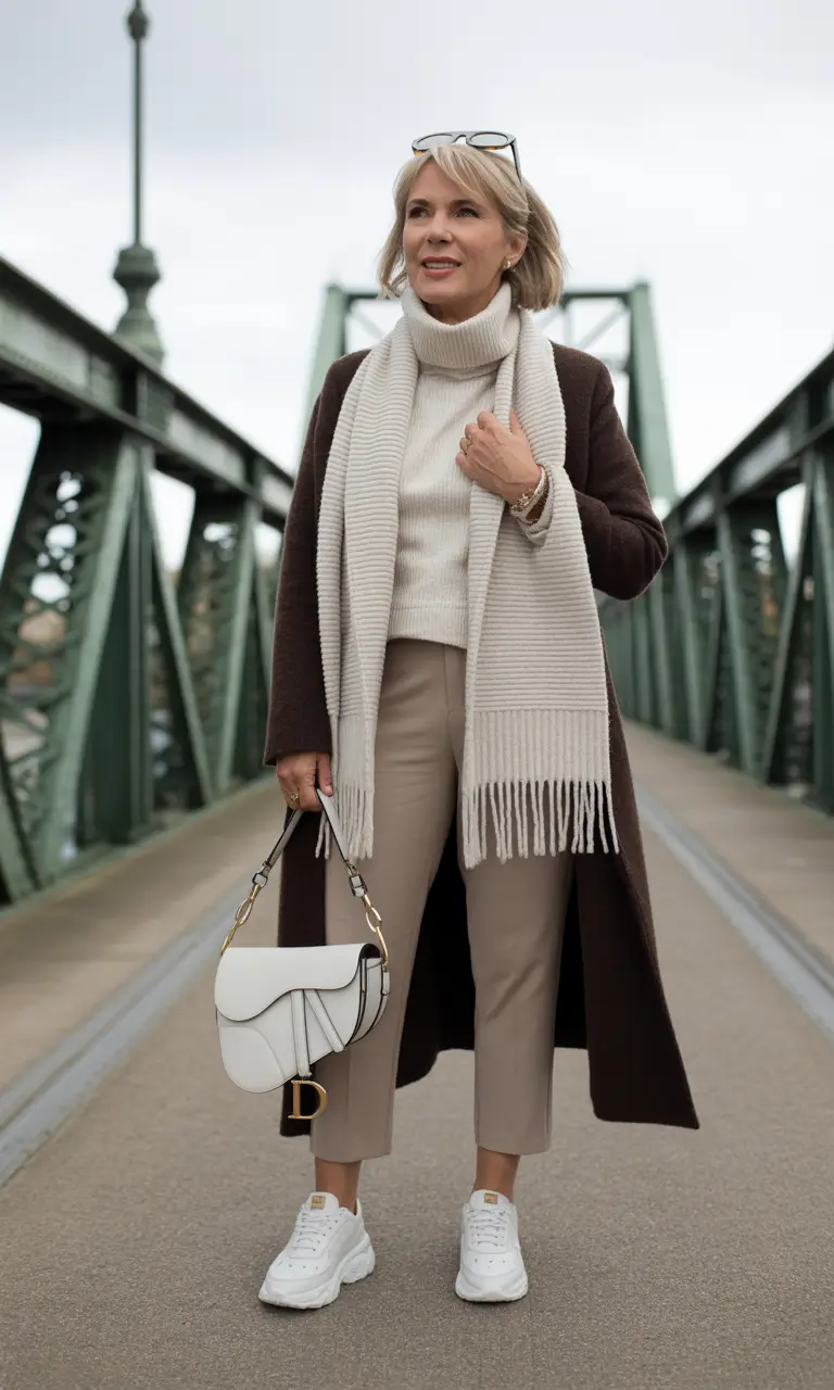 outfits for women over 50 winter 2025 2026 Soft Neutrals with a Long Scarf
