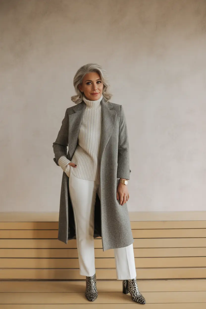 outfits for women over 50 winter 2025 2026 Gray Coat with Animal-Print Boots