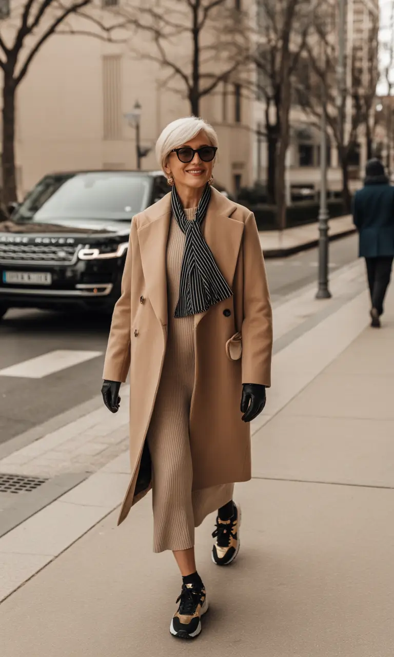 outfits for women over 50 winter 2025 2026 Camel Elegance with Sporty Sneakers