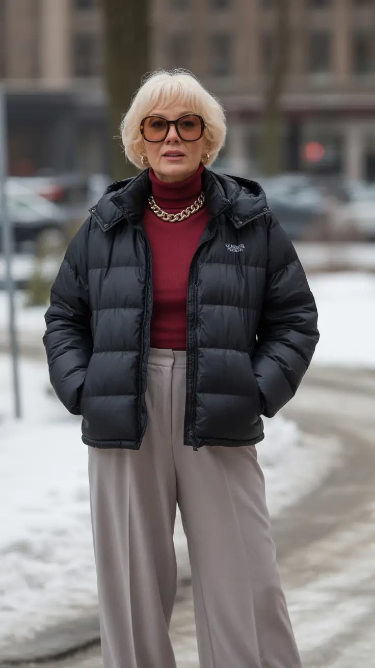 outfits for women over 50 winter 2025 2026 Puffer Chic with Burgundy Accents