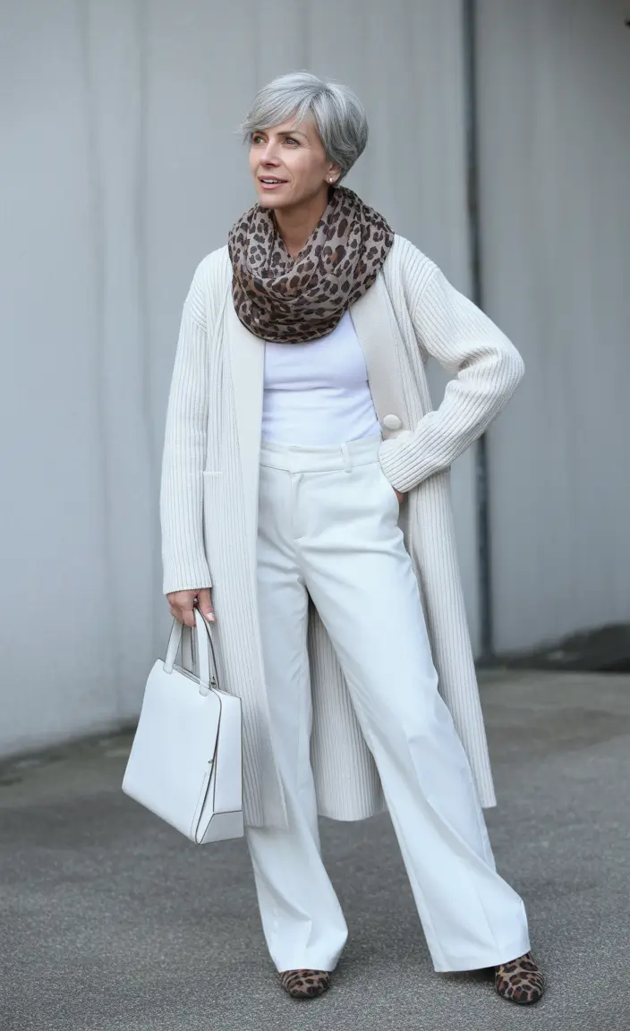 outfits for women over 50 winter 2025 2026 Winter Whites with Leopard Touches