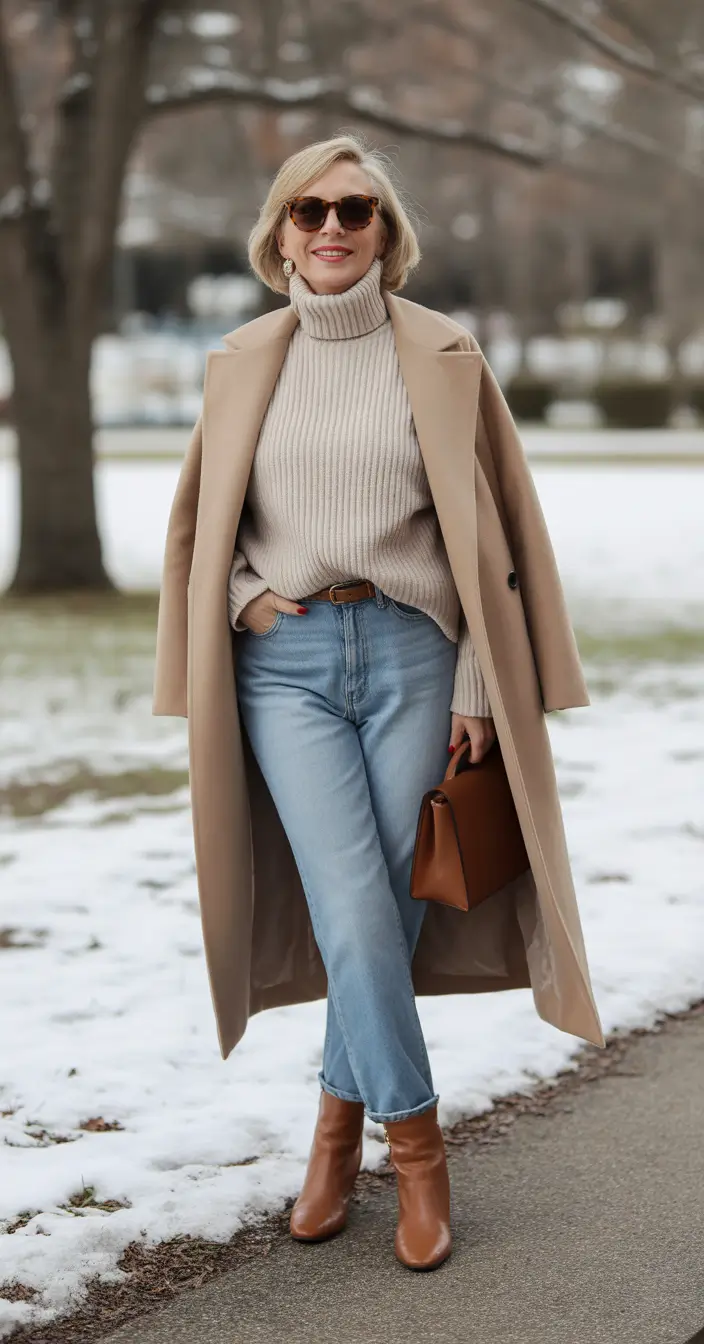 outfits for women over 50 winter 2025 2026 Polished Neutrals with Denim