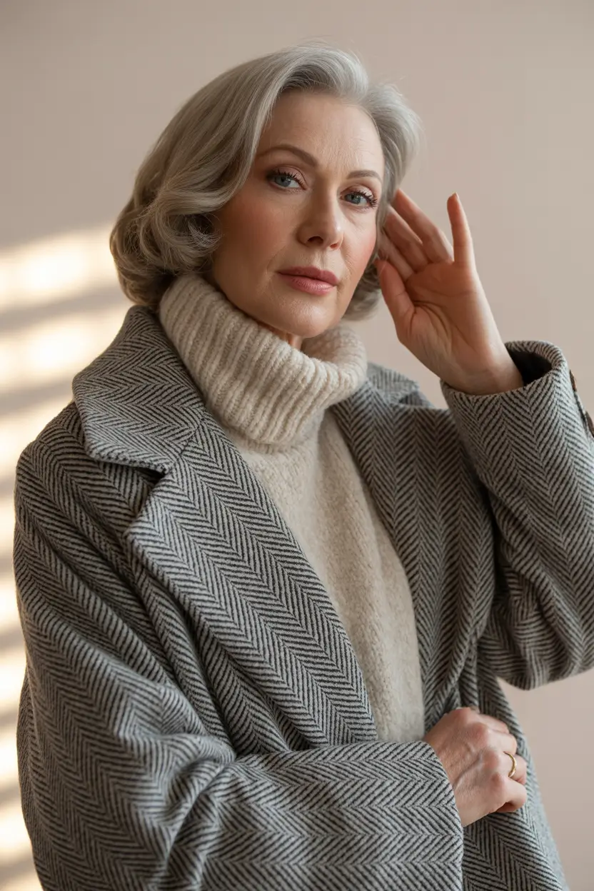 outfits for women over 50 winter 2025 2026 Soft Herringbone Elegance