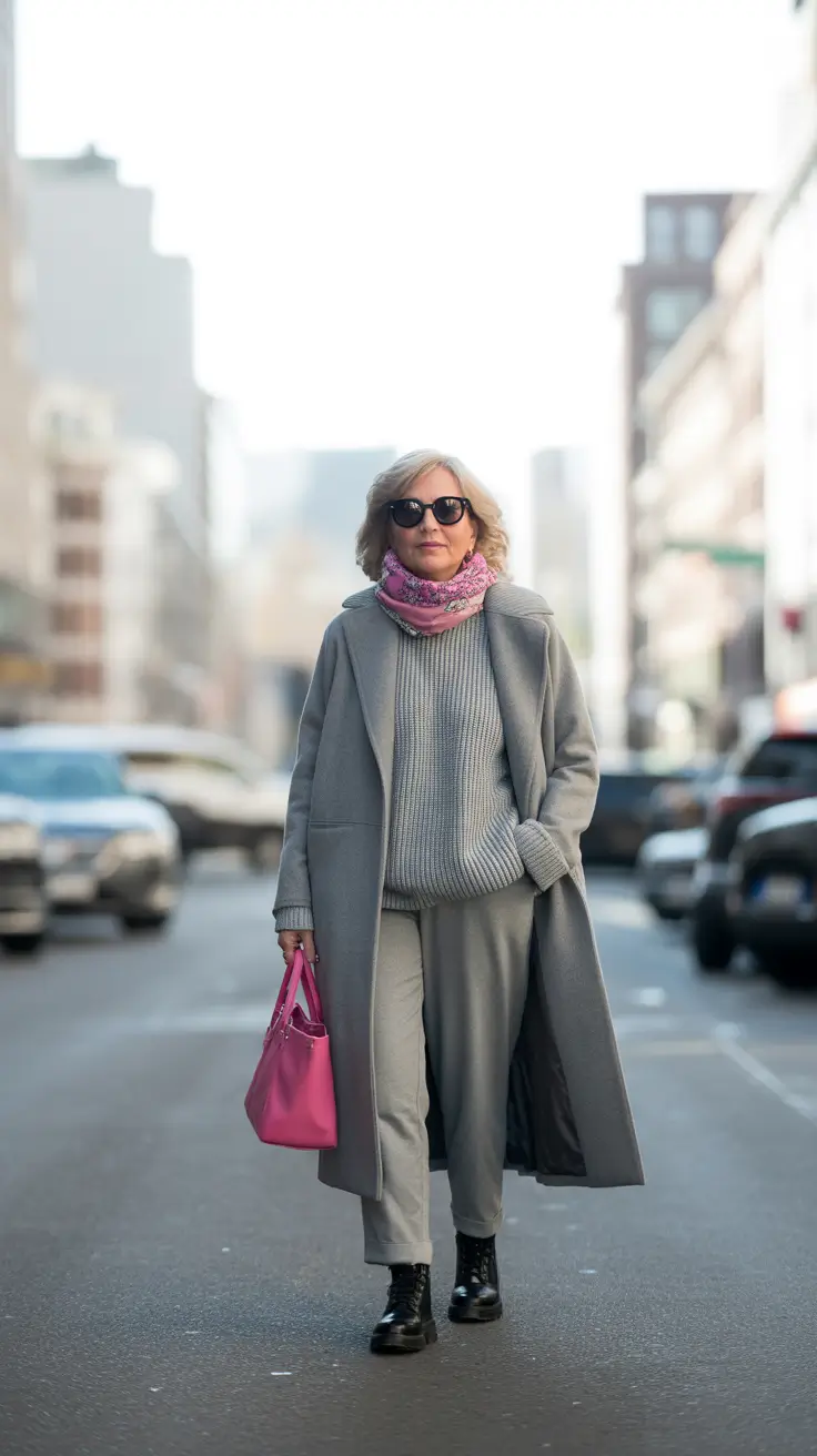 outfits for women over 50 winter 2025 2026 Monochrome Gray with a Pop of Pink