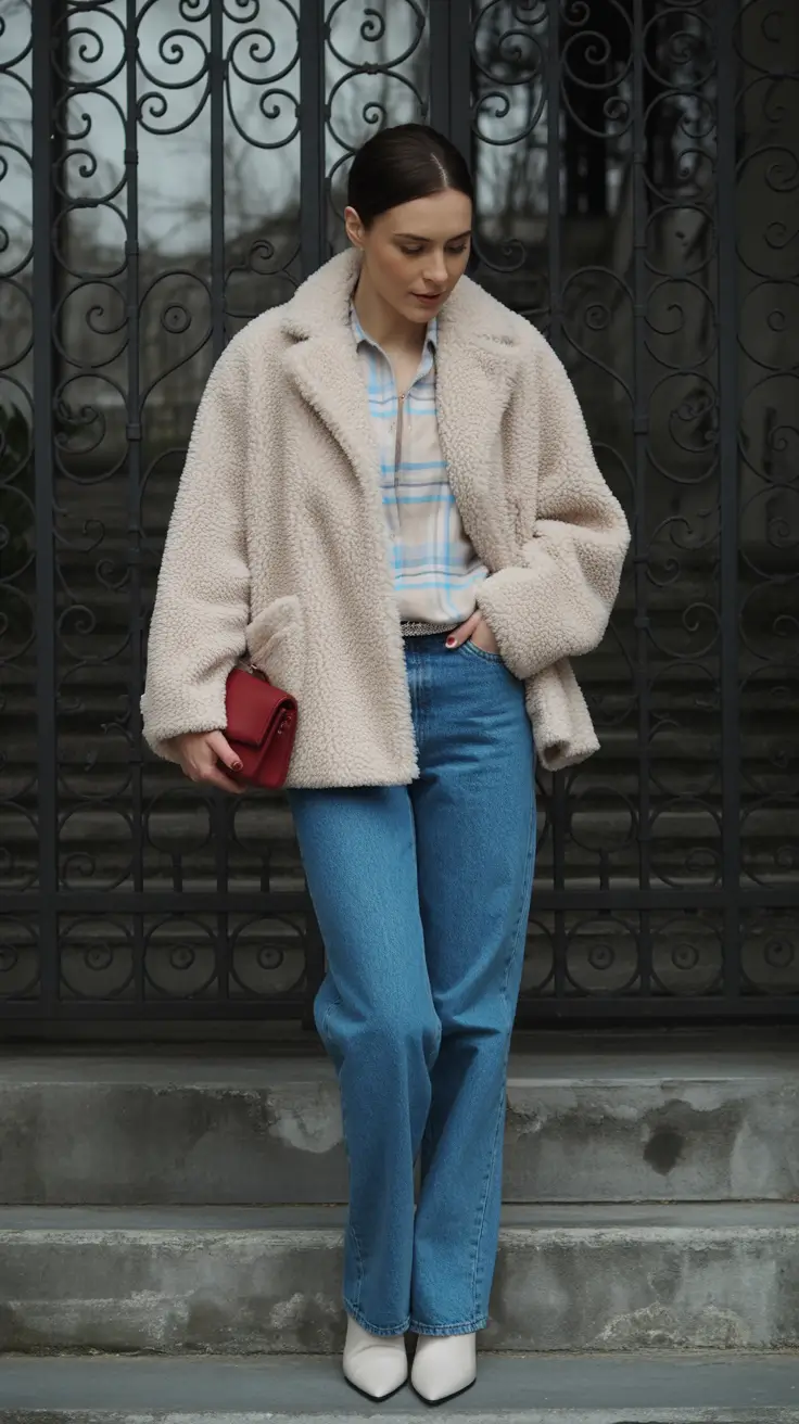 winter outfits Teddy Texture with a Pop of Color