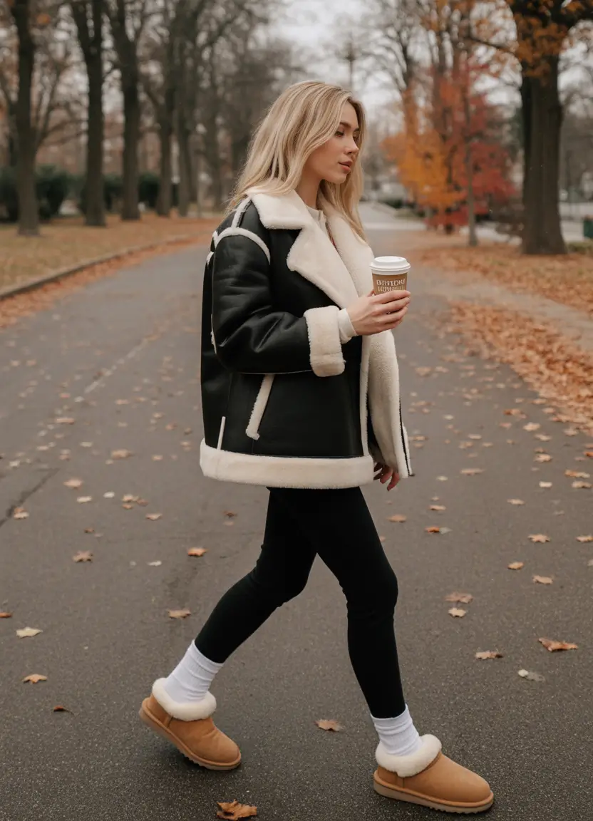winter outfits Shearling Trim and Easy Layers