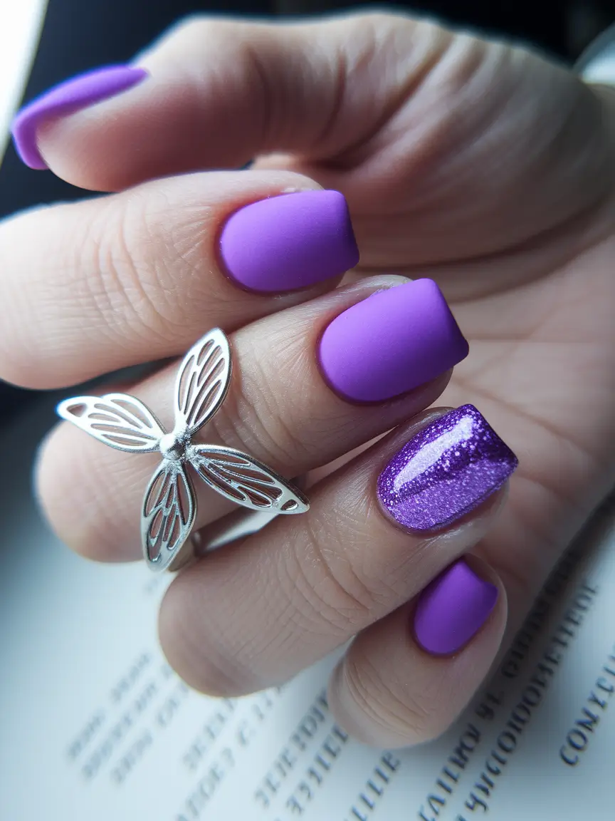 short fall nails trends 2025 Matte Purple with Sparkle Accent