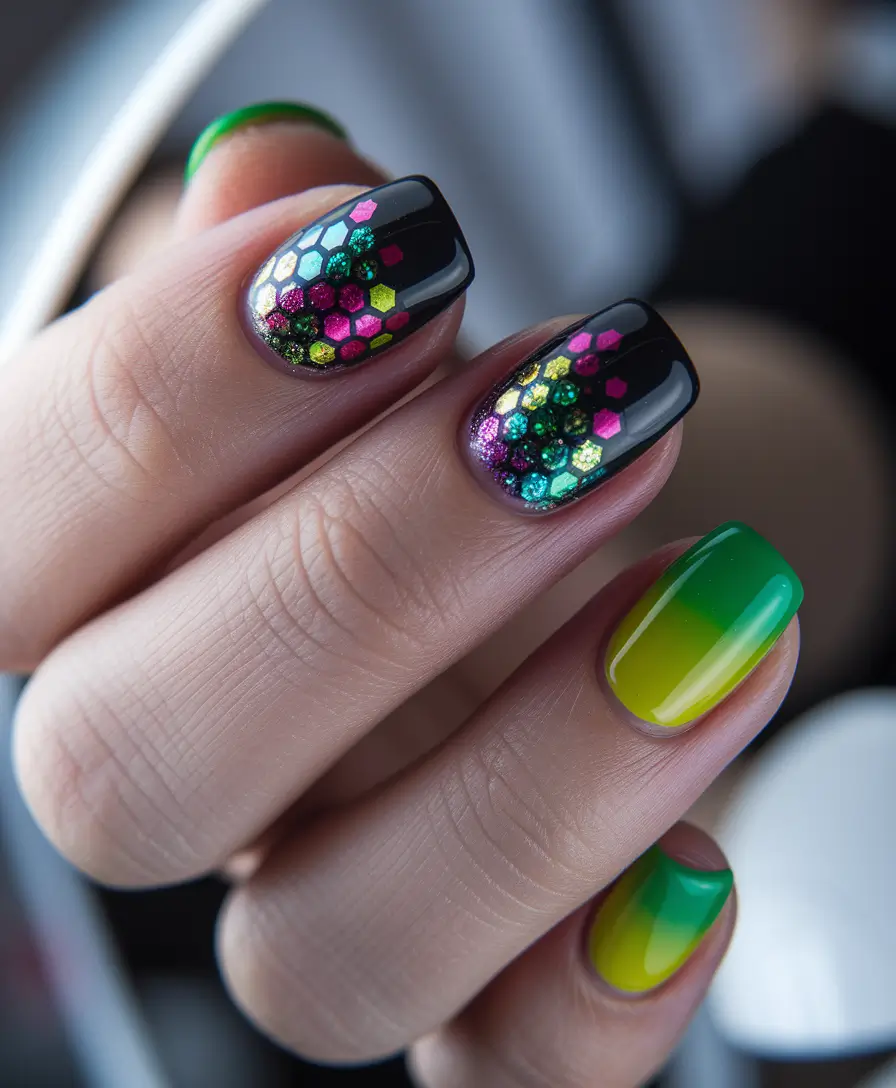 short fall nails trends 2025 Holographic Disco Meets Green Ombre