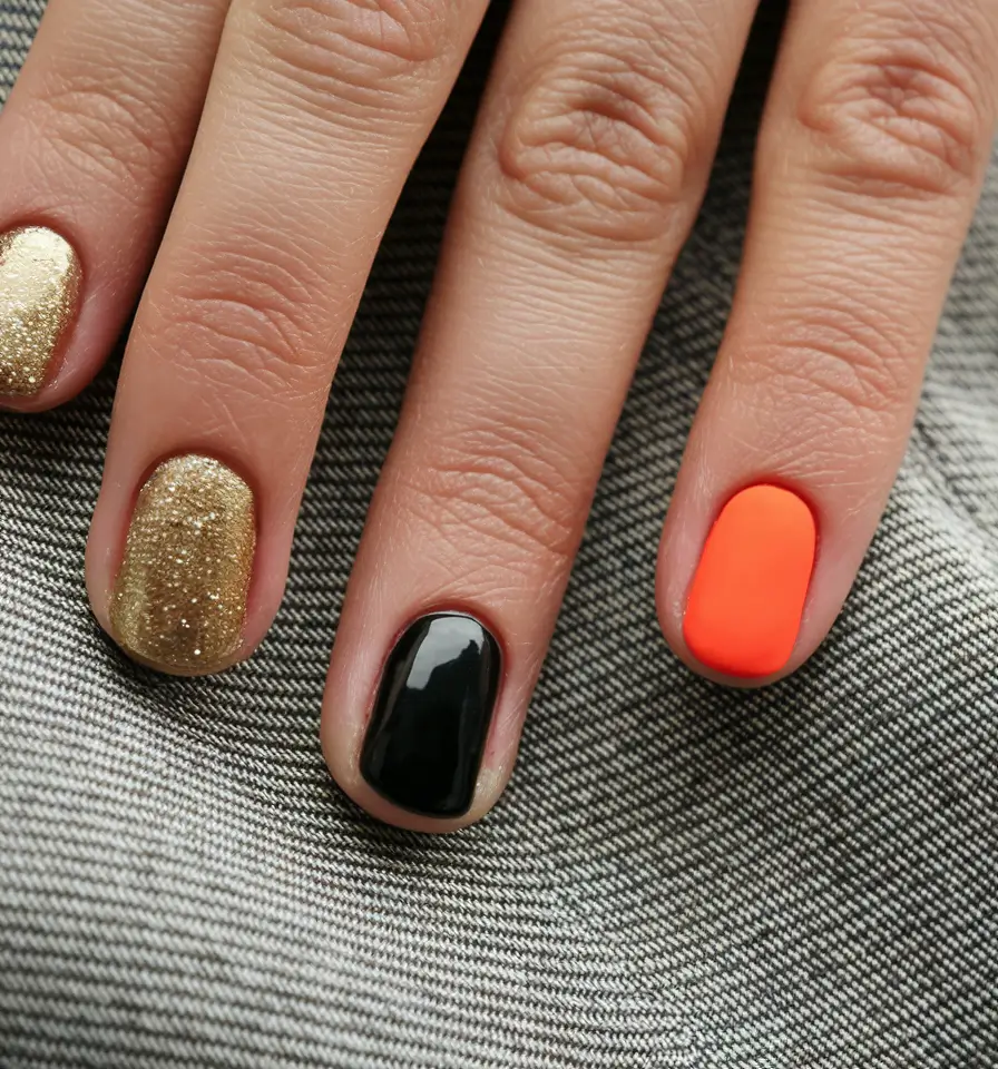 short fall nails trends 2025 Gold, Black, and Neon Orange Trio