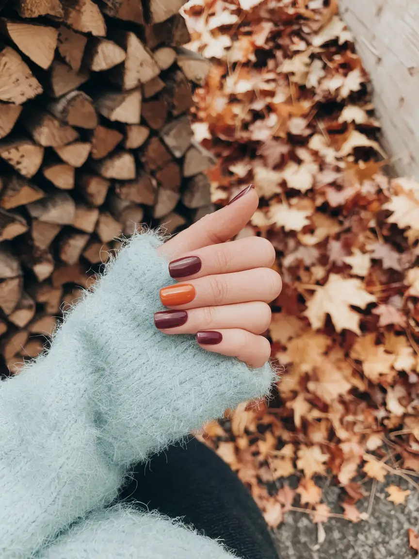 short fall nails trends 2025 Burgundy with Pumpkin Accent