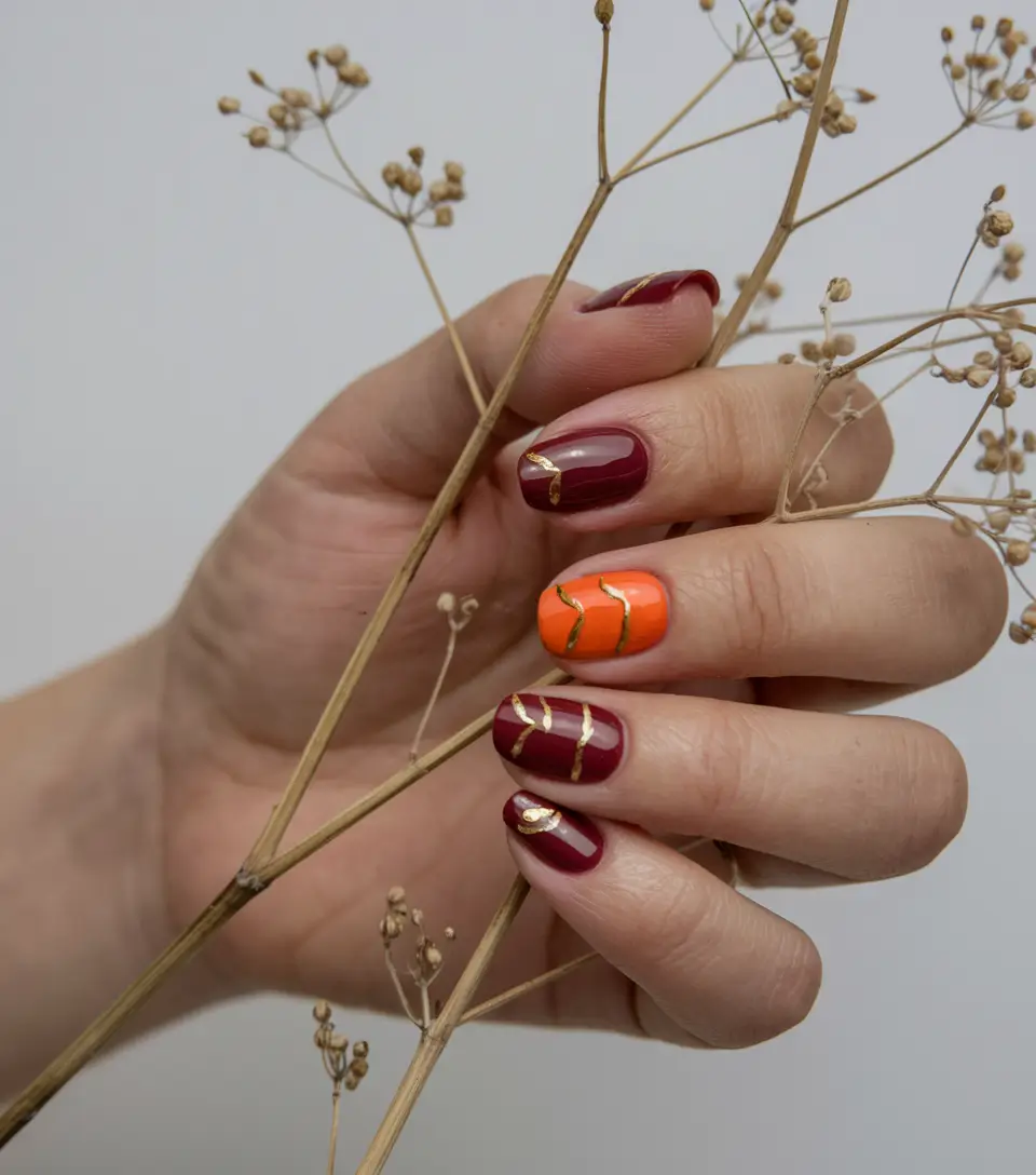short fall nails trends 2025 Burgundy and Orange with Golden Strokes