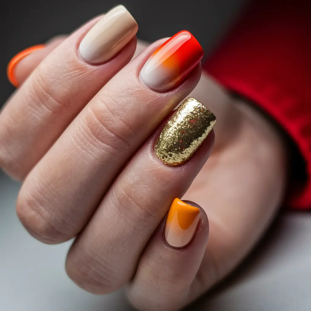 short fall nails trends 2025 Golden Glitter and Warm Ombre