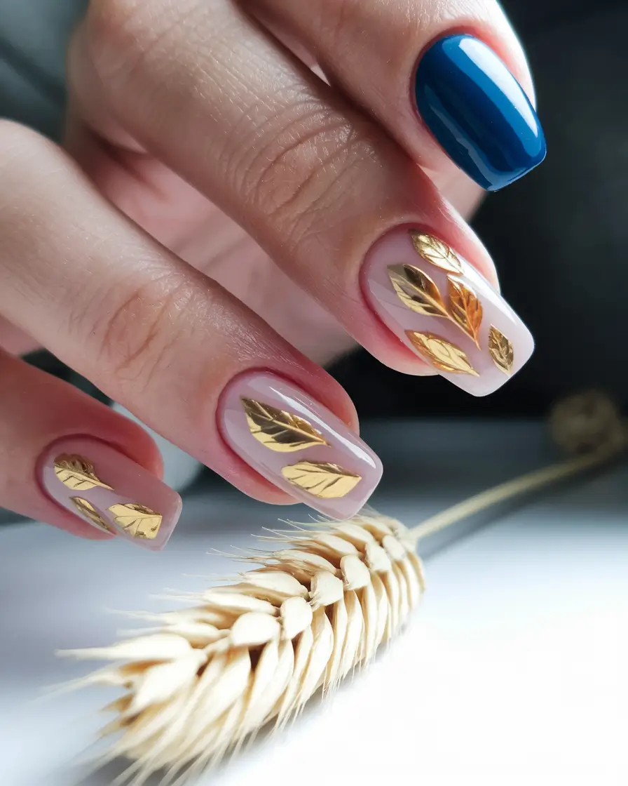 short fall nails trends 2025 Blue Depths with Golden Leaves