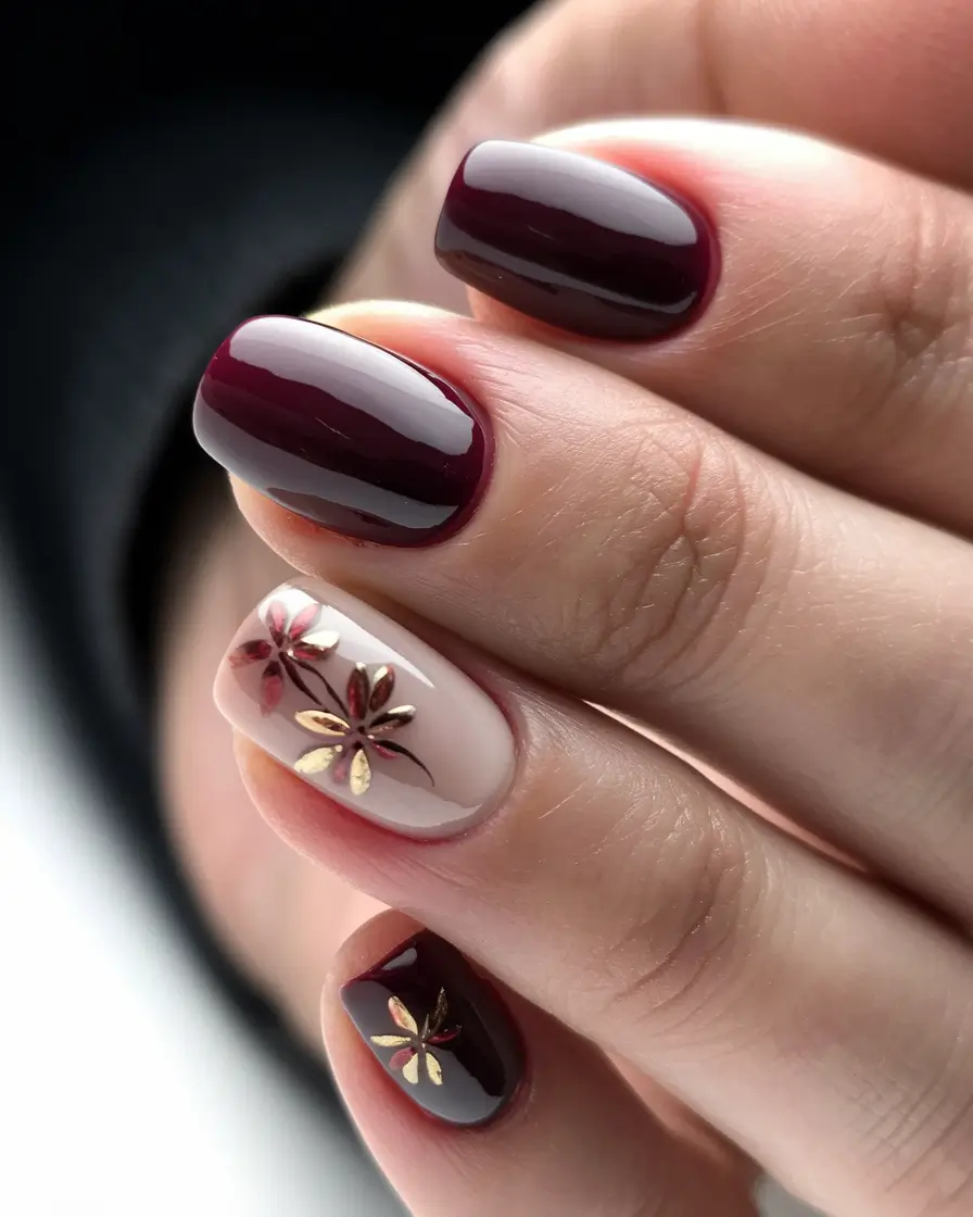 short fall nails trends 2025 Wine and Nude with Golden Flowers
