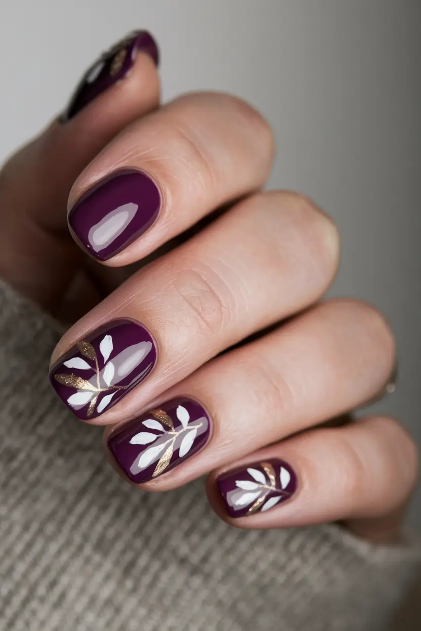 short fall nails trends 2025 Plum Elegance with White Accents