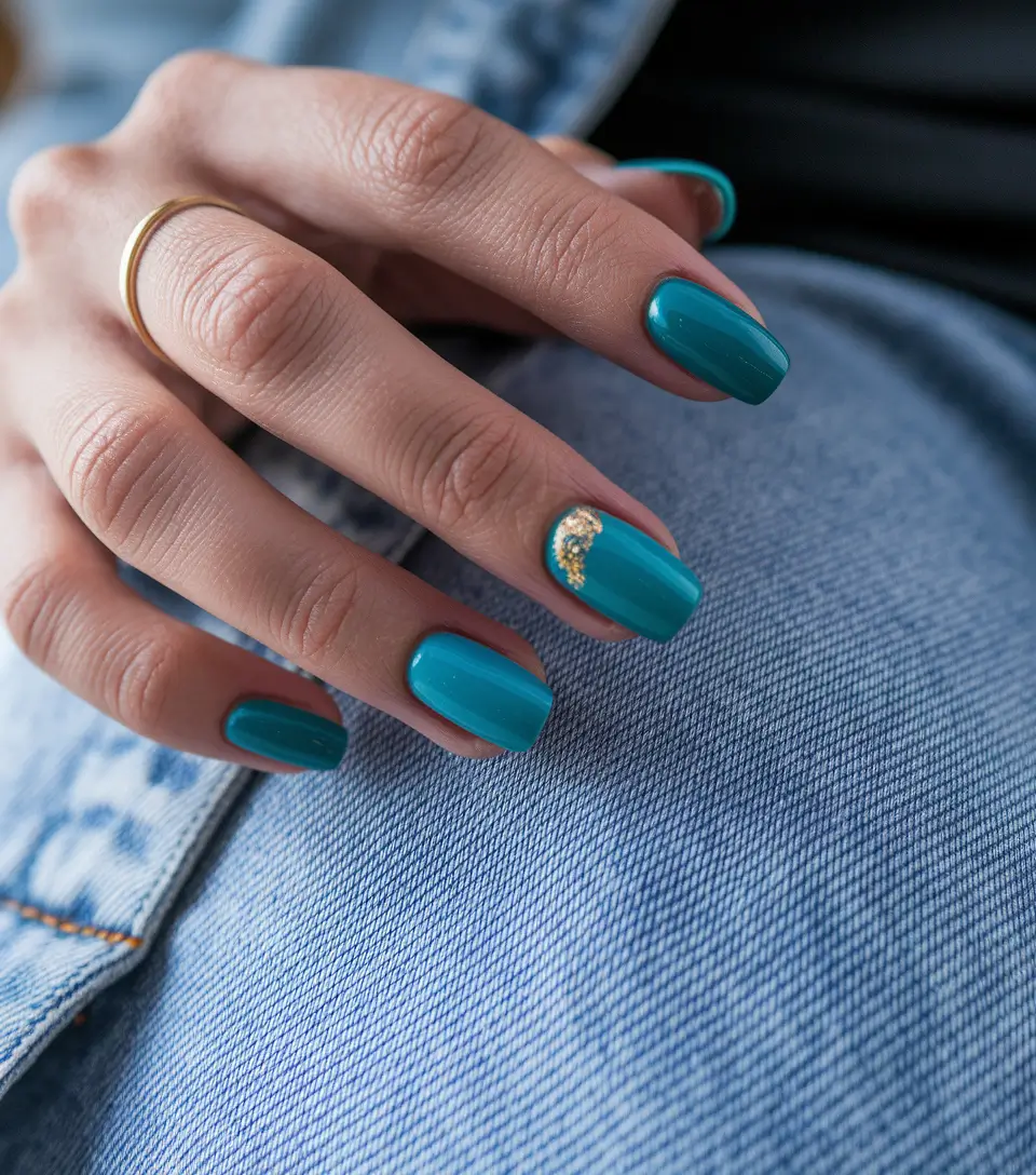 short fall nails trends 2025 Teal with a Golden Accent