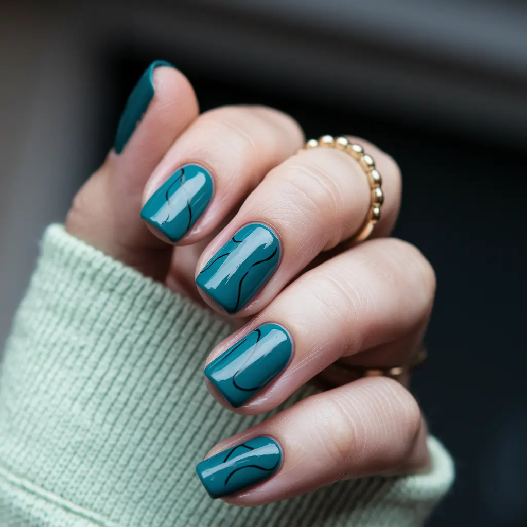short fall nails trends 2025 Teal Waves on Square Tips