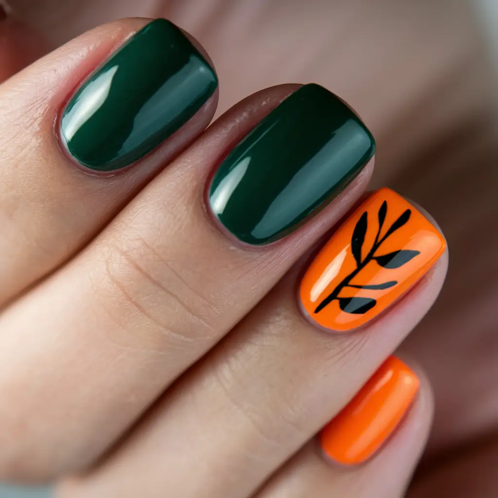 short fall nails trends 2025 Forest Green with Autumn Orange
