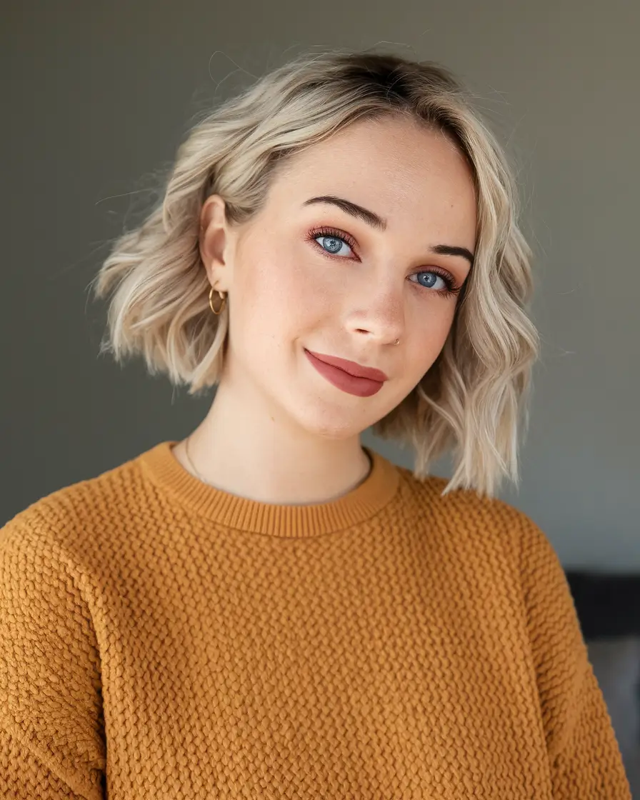 short winter haircuts 2025 - 2026 Textured Wavy Bob with Warm Blonde Tones