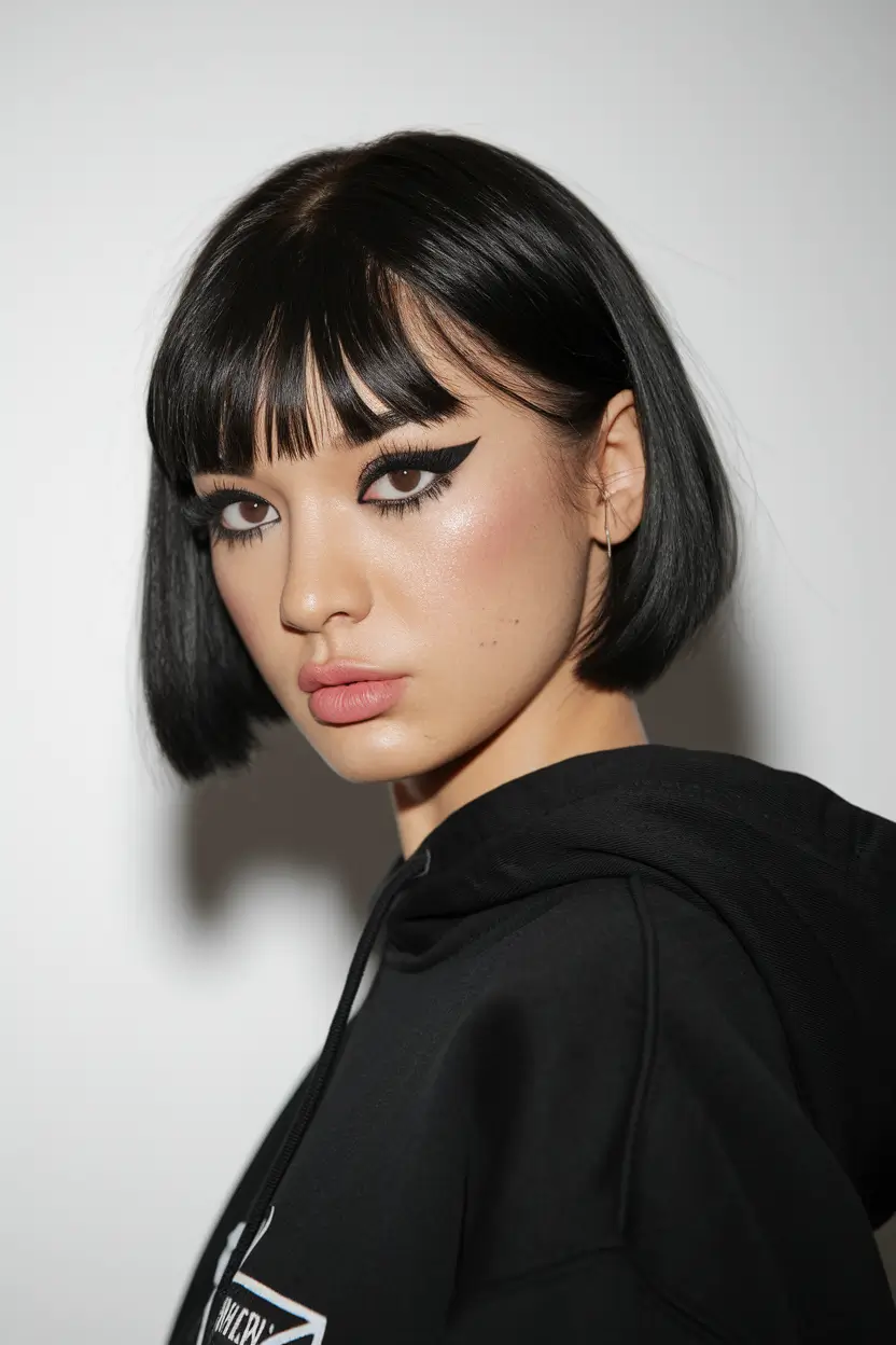 short winter haircuts 2025 - 2026 Sharp Black Bob with Micro Bangs