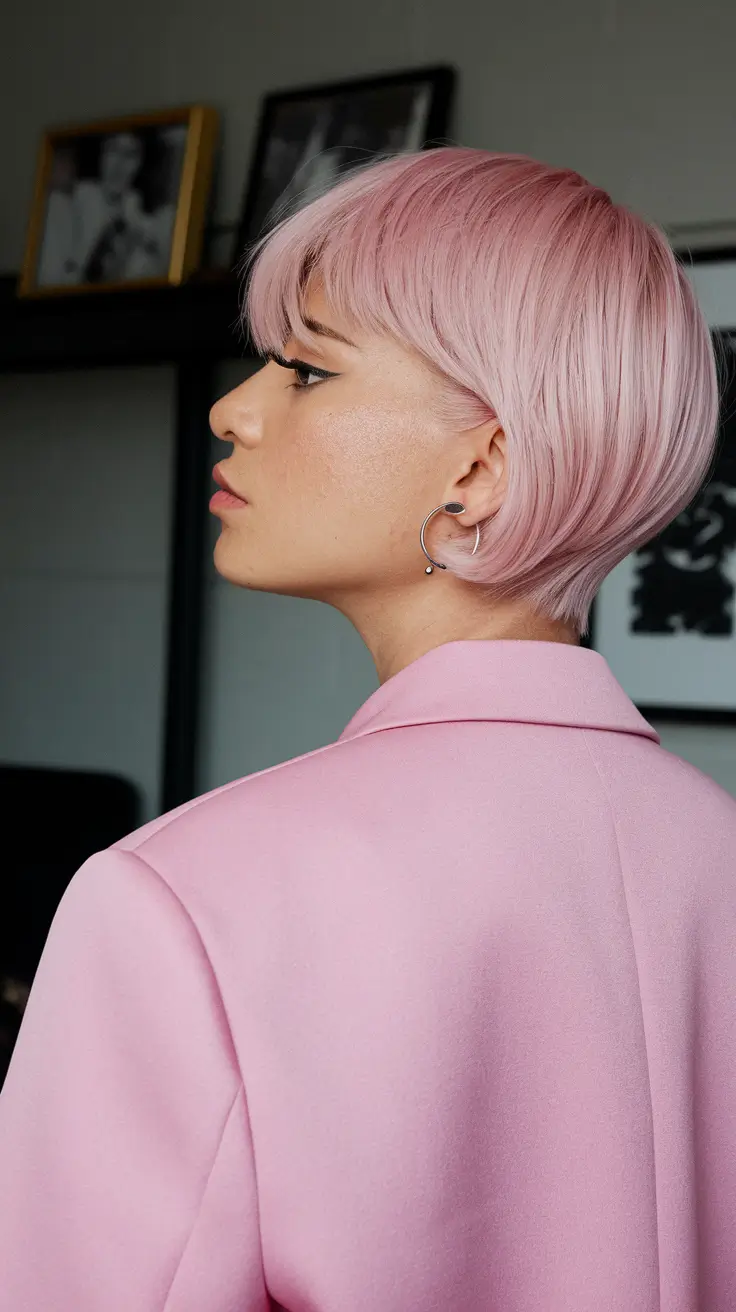 short winter haircuts 2025 - 2026 Pastel Pink Crop with Soft Bangs